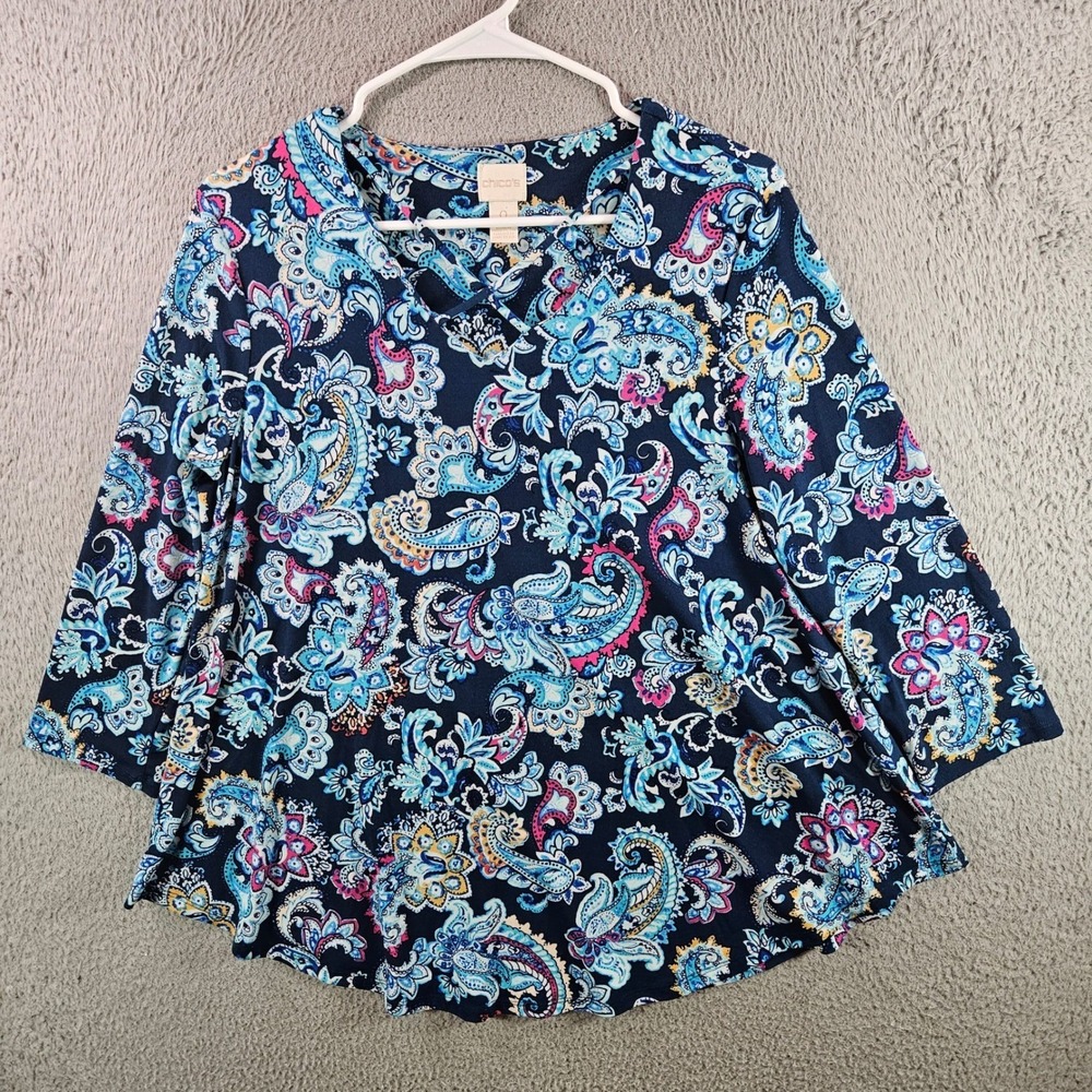 Chicos Womens Print V Neck 3/4 Sleeve Tunic Top Size 0 Blue Paisley Boho
